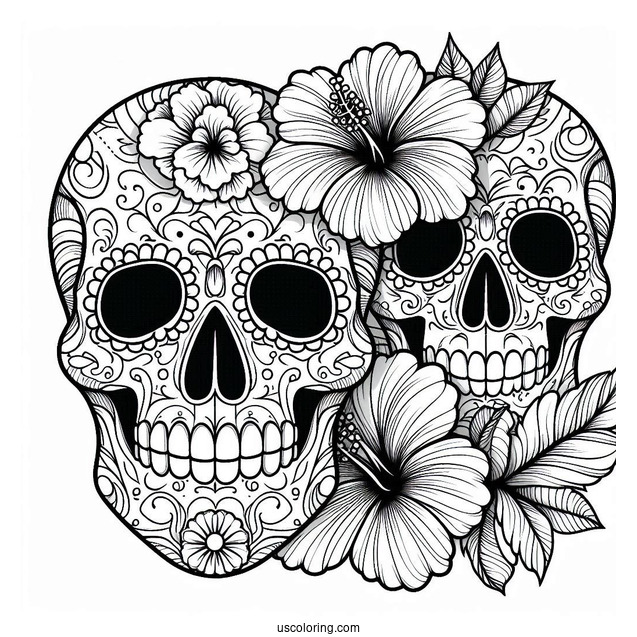 Detailed Sugar Skulls Coloring Page Design With Hibiscus Flowers