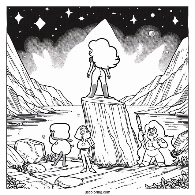 Steven Universe Coloring Page Of Garnet, Amethyst, And Pearl On Cliff with Spinel In The Background