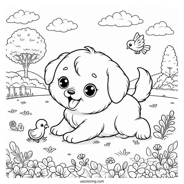 Cute Coloring Page Of Puppy Playing In A Field For Kids