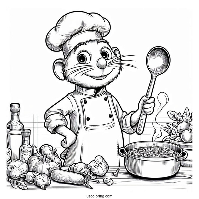 Ratatouille Coloring Page Holding a Ladle In The Kitchen