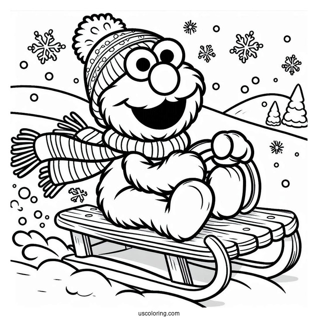 Elmo Riding a Sled During Winter To Color