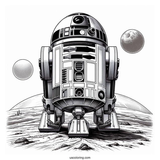 Realistic R2-D2 Coloring Page Outline On A Planet