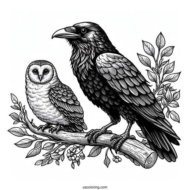 Realistic Raven Coloring Page Perched On A Branch With An Owl