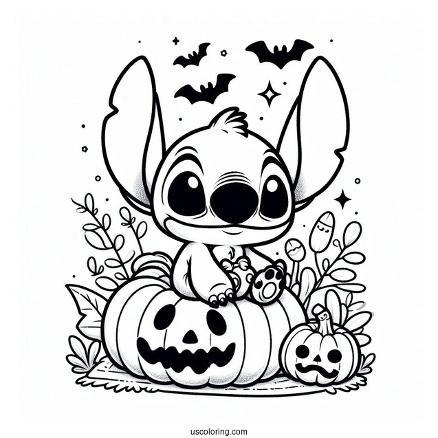 Kawaii Halloween Themed Stitch With Pumpkin To Color