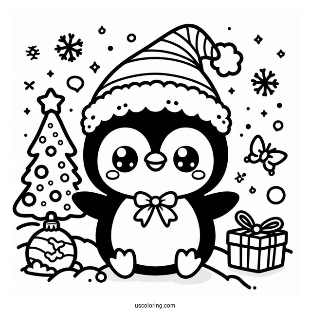 Kawaii Penguin Christmas Coloring Page