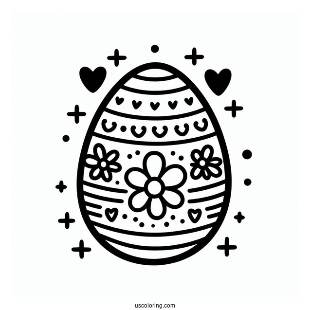 Easter Egg Coloring Page with Flower, Stripe, and Heart Patterns For Preschoolers