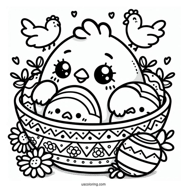 Cute Kawaii Chicken In Bowl To Color
