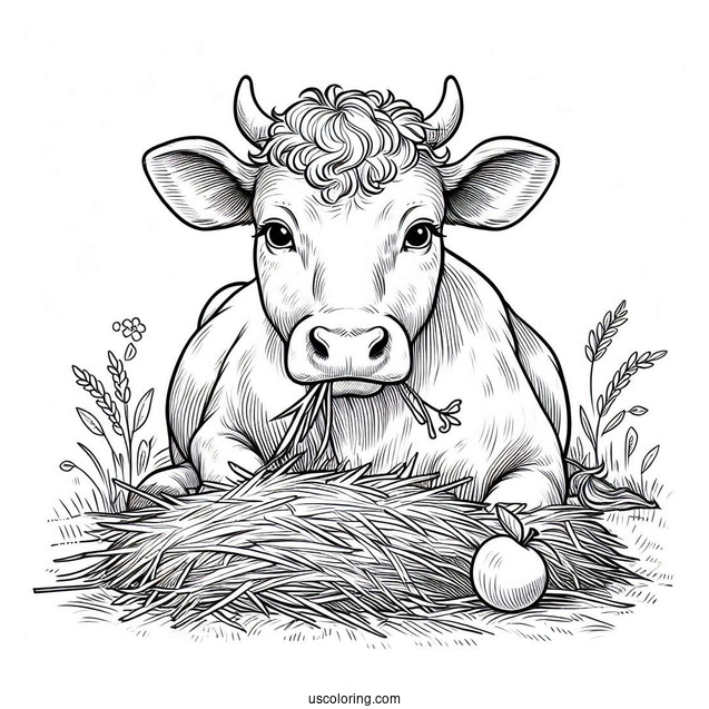 Cow With Horns Eating Hay Coloring Page