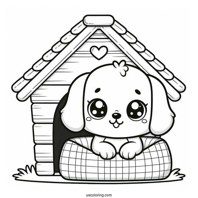 Kawaii Puppy In Dog House Coloring In For Preschoolers