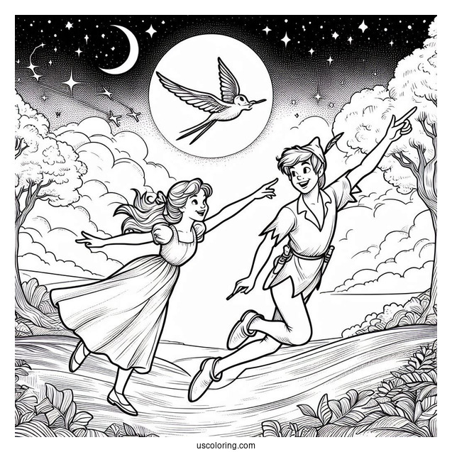 Peter Pan Taking Wendy To Neverland Coloring Sheet