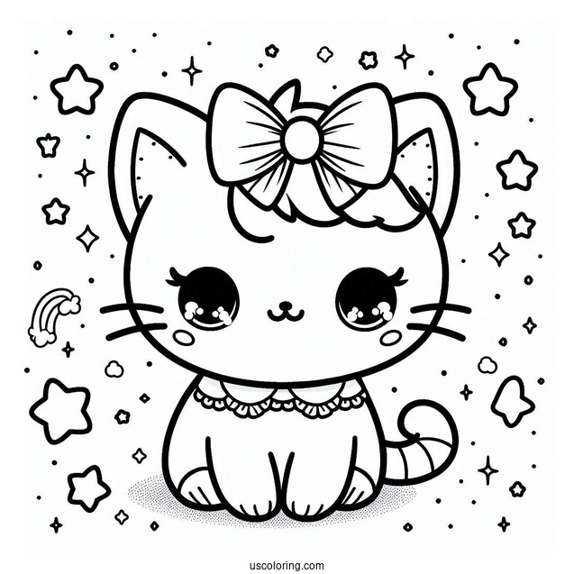 Kawaii Cat With Bow Coloring Page For Preschoolers