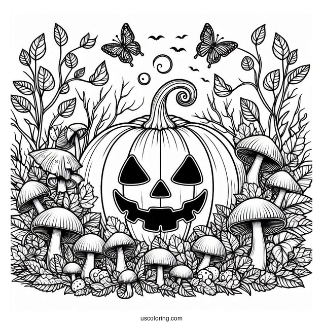 Pumpkin Coloring Page Of Creepy Jack O Lantern Surrounded By Mushrooms In The Garden