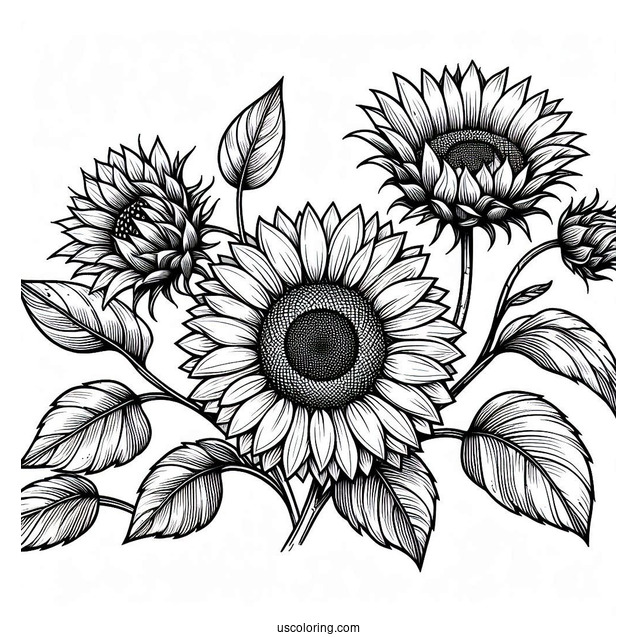 Detailed Sunflowers For Coloring