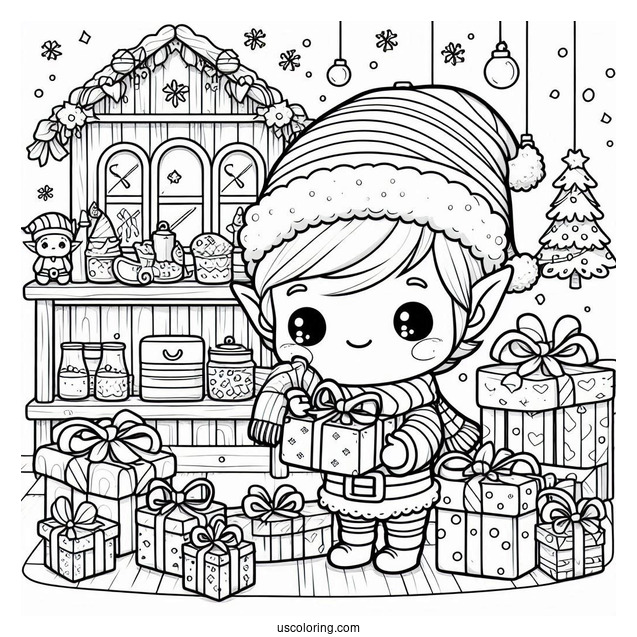 Festive Chibi Coloring Page Elf Wrapping Presents in a Christmas Workshop