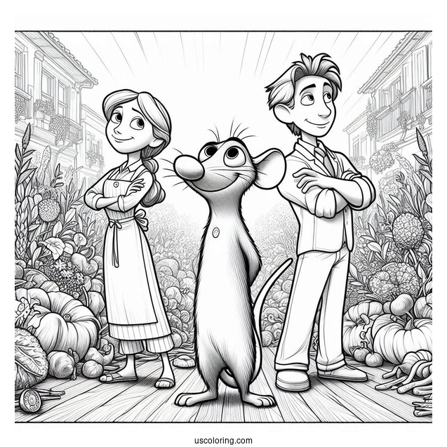 Ratatouille Coloring Page Standing On Alfredo s Head With Colette And Skinner In The Background