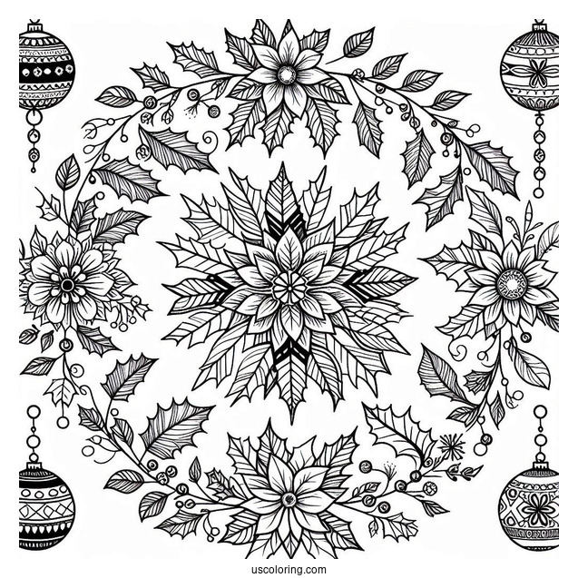 Hollies And Mistletoes Christmas Mandala Coloring Page