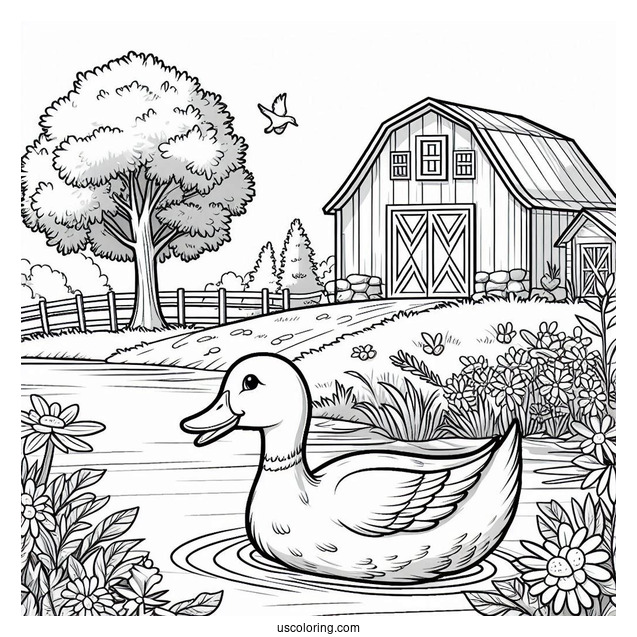 Duck Going To Pond On Farm To Color