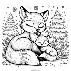 Mama Fox Coloring Page Cuddling With Baby Fox In Snowy Forest
