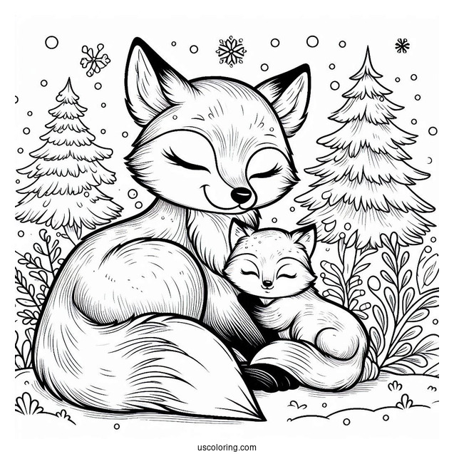 Mama Fox Coloring Page Cuddling With Baby Fox In Snowy Forest