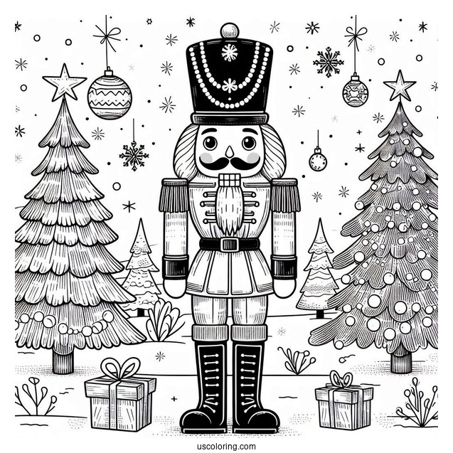 Nutcracker Coloring Page Standing In Front of Two Christmas Trees