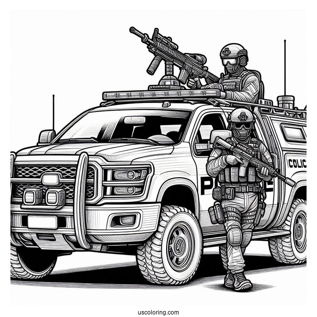 Police Car Coloring Page Of Realistic SWAT Vehicle With An Armed Agent Outside