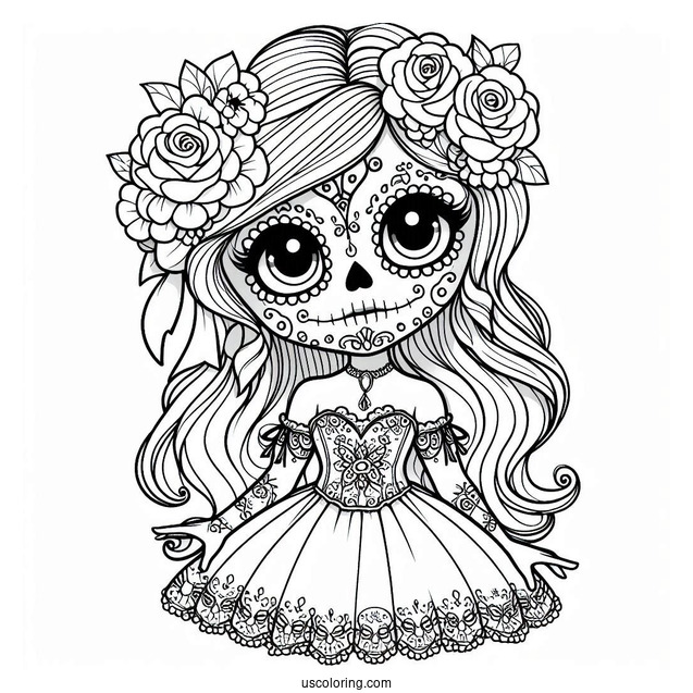 Girl In Sugar Skull Coloring Page Costume For Kids