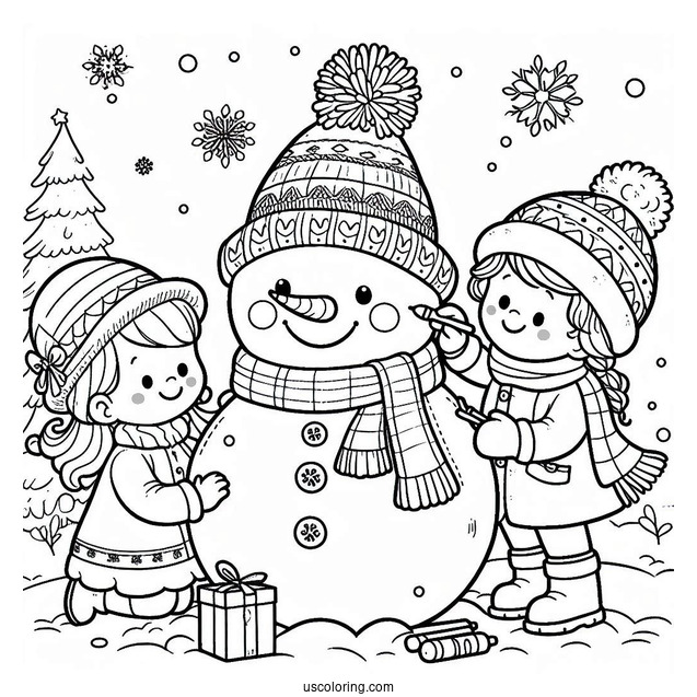 Kids Decorating a Snowman To Color
