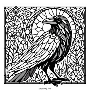 Raven Coloring Page With Stained Glass In The Background