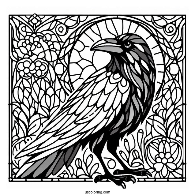 Raven Coloring Page With Stained Glass In The Background