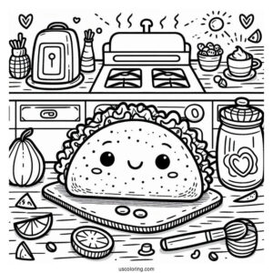 Adorable Taco On The Kitchen Coloring Sheet For Kids