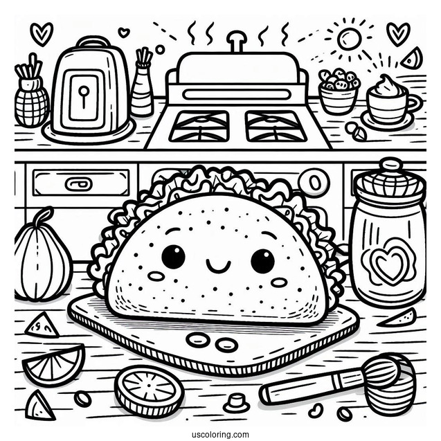 Adorable Taco On The Kitchen Coloring Sheet For Kids
