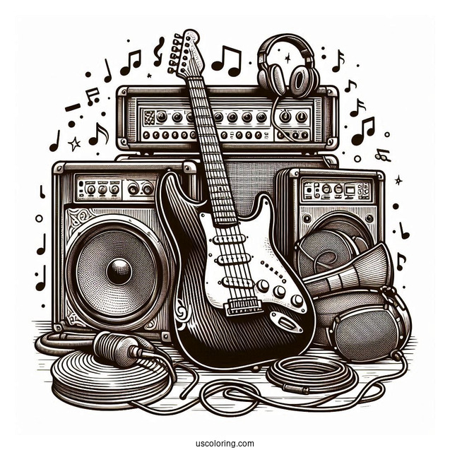 Music Coloring Page Of Electric Guitar With Speakers, Amplifiers, Headphones, And Cables