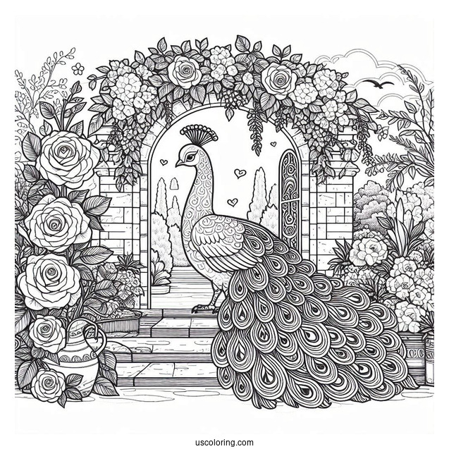 Peacock Coloring Page in Blooming Rose Garden with Architectural Details
