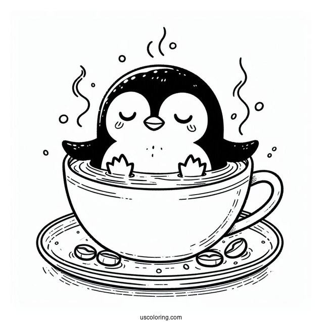 Penguin Bathing In Hot Coffee Coloring Page