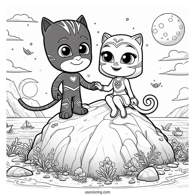 PJ Masks Coloring Page Of Octobella Holding Hands With Gekko On Rock