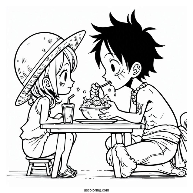 Luffy Coloring Page Eating And Drinking With Nami