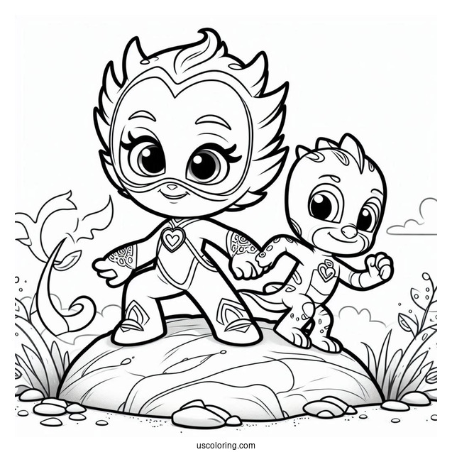 PJ Masks Coloring Page Of Octobella Holding Hands With Gekko On Rock