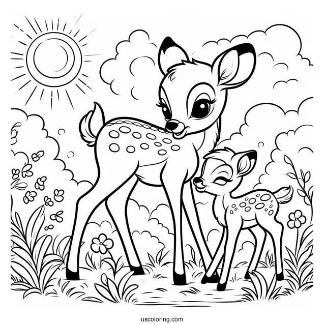 Simple Coloring Sheet Of Bambi And Mother Under The Sun