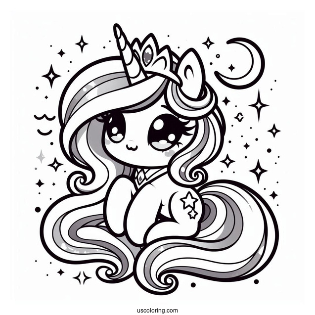 Kawaii Princess Celestia Coloring Page With Stars For Preschoolers