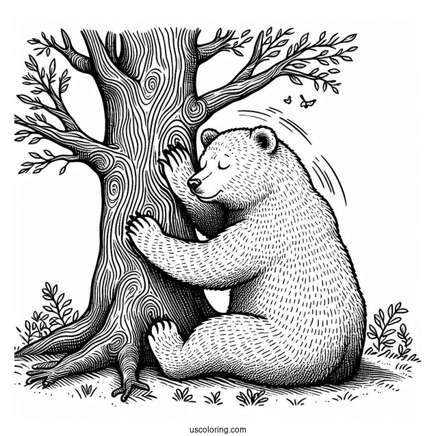 Adult Bear Coloring Page Rubbing Back On Tree