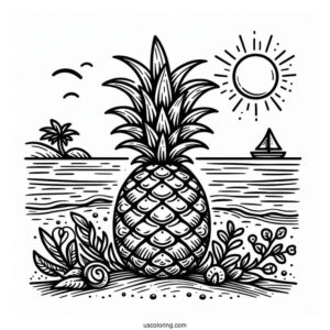 Detailed Pineapple On Beach Coloring Page