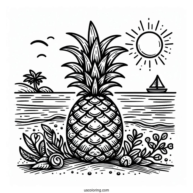 Detailed Pineapple On Beach Coloring Page