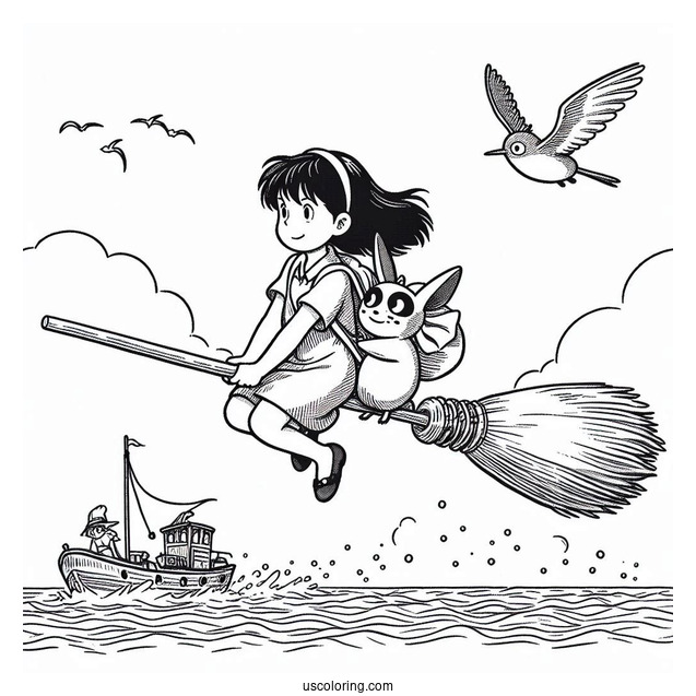 Studio Ghibli Coloring Page of Kiki s Delivery Service Riding Broom With Jiji Over Ocean