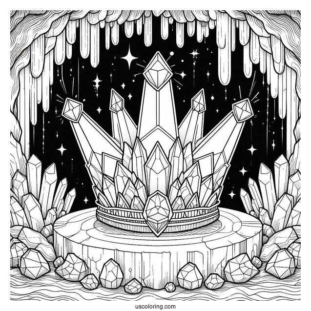 Crystal Crown Coloring Page in a Glittering Gemstone Cave