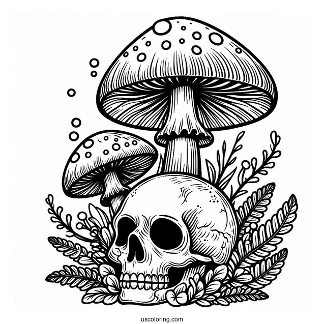 Mushroom Coloring Page Growing Around A Skull
