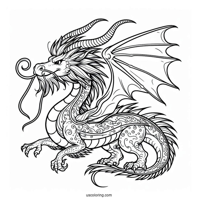 Detailed Dragon With Long Whiskers And Big Horns Coloring Page