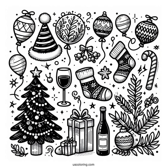 New Year Coloring Page Of Essentials With Party Hats, Christmas Tree, Wine Glasses, And Balloons