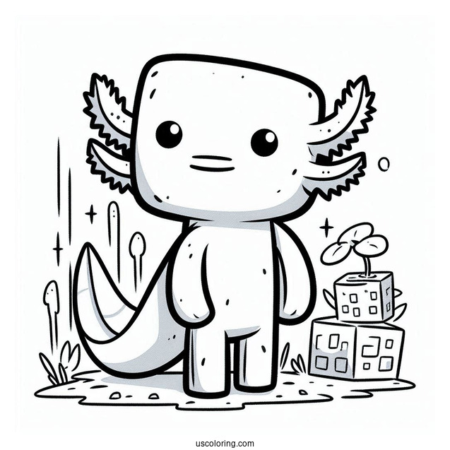 Axolotl Coloring Page Standing Beside Minecraft Steve