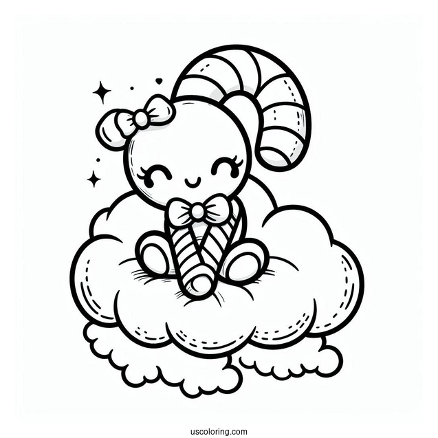 Adorable Candy Cane Coloring Page Sitting On A Cloud