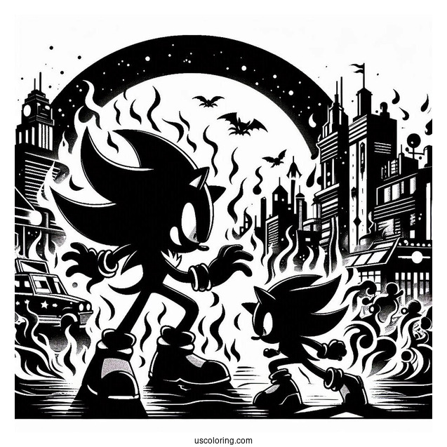 Shadow Coloring Page Of Fighting In Burning City